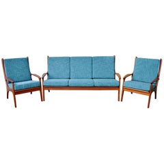 Danish Teak Frame Sofa and Pair of Lounge Chairs, Teal Tweed, 1960s