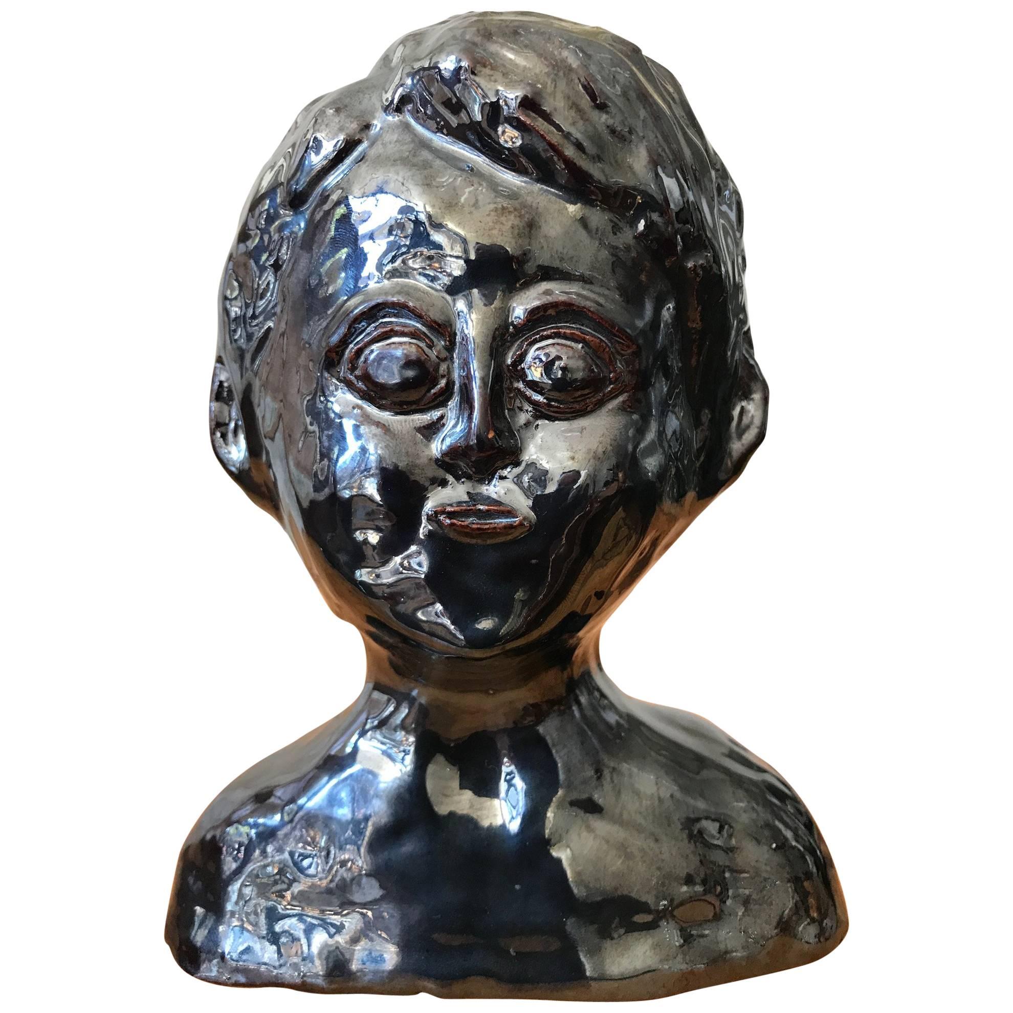 Glazed Metallic Ceramic Bust For Sale