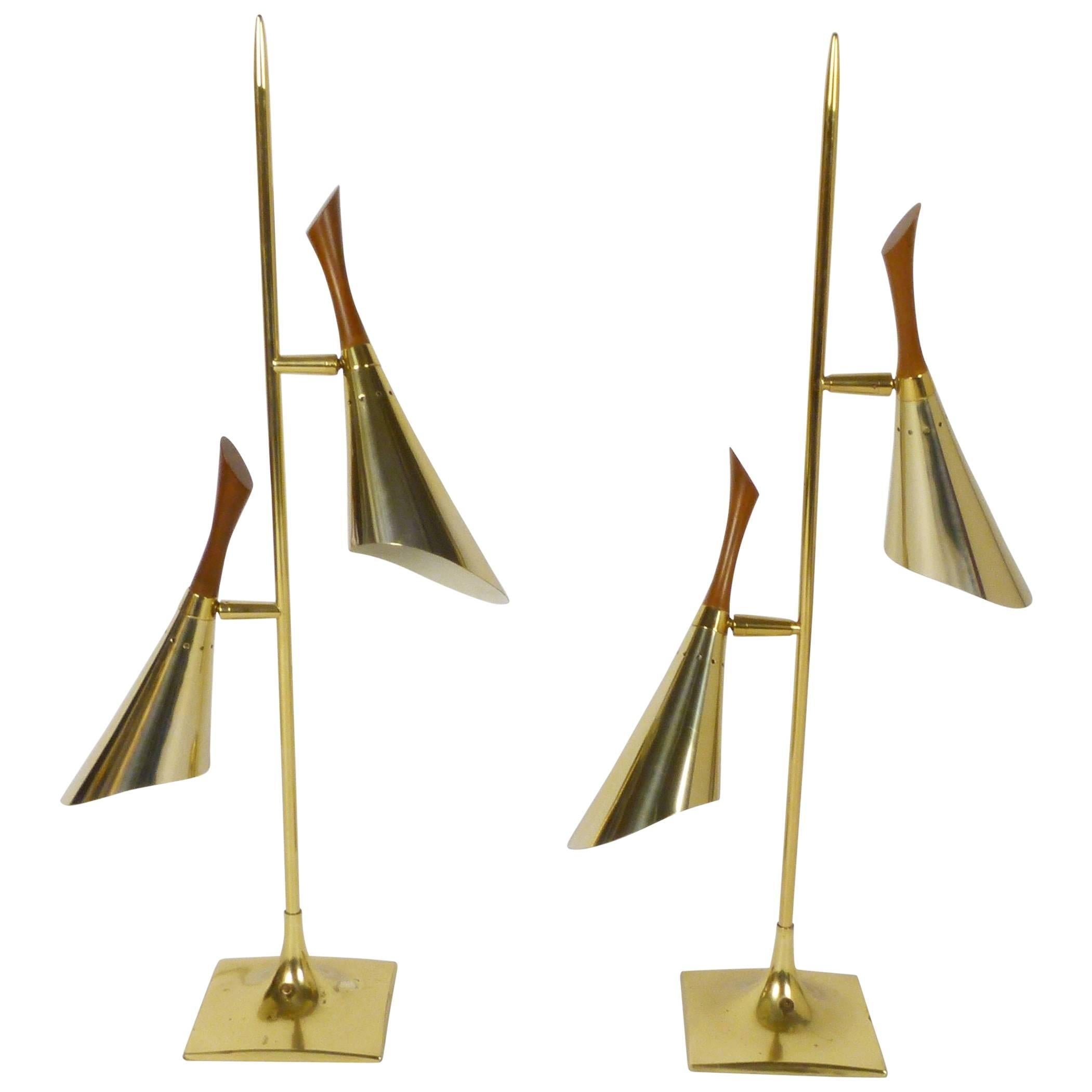 Pair of Brass and Walnut Two Cone Lamps by Laurel Lamp Co.