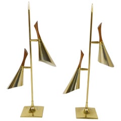 Pair of Brass and Walnut Two Cone Lamps by Laurel Lamp Co.