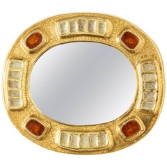 Lembo Ceramic Jewel Mirror with Gold and Dark Red Enamel, France, 1970s
