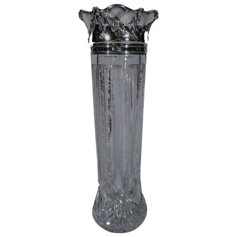 Antique Gorham Brilliant CutGlass and Sterling Silver Vase For Sale at