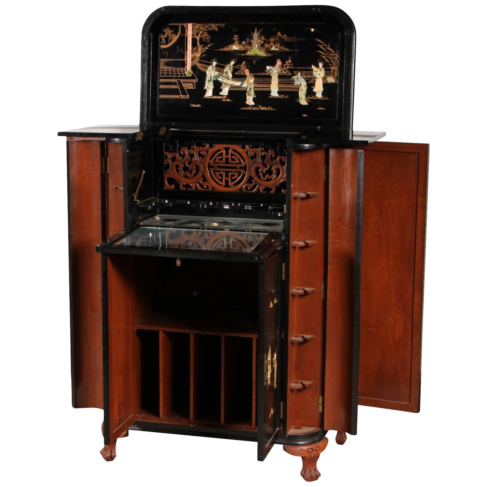 Vintage Inlaid Chinoiserie Bar Cabinet