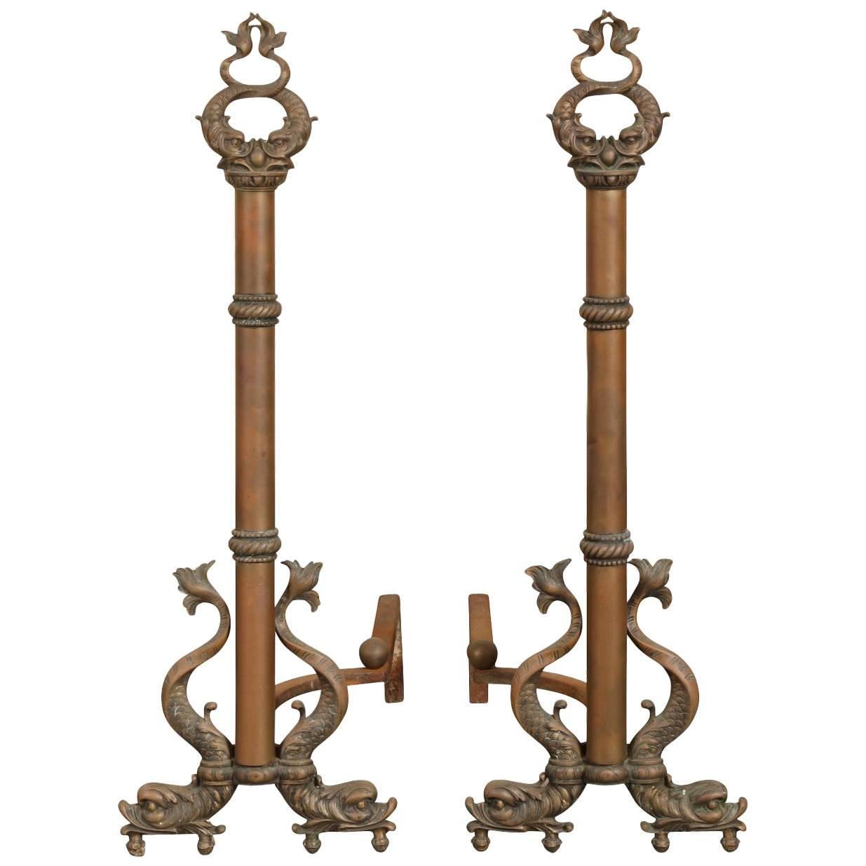 Pair of Brass Andirons with Dolphin Motifs
