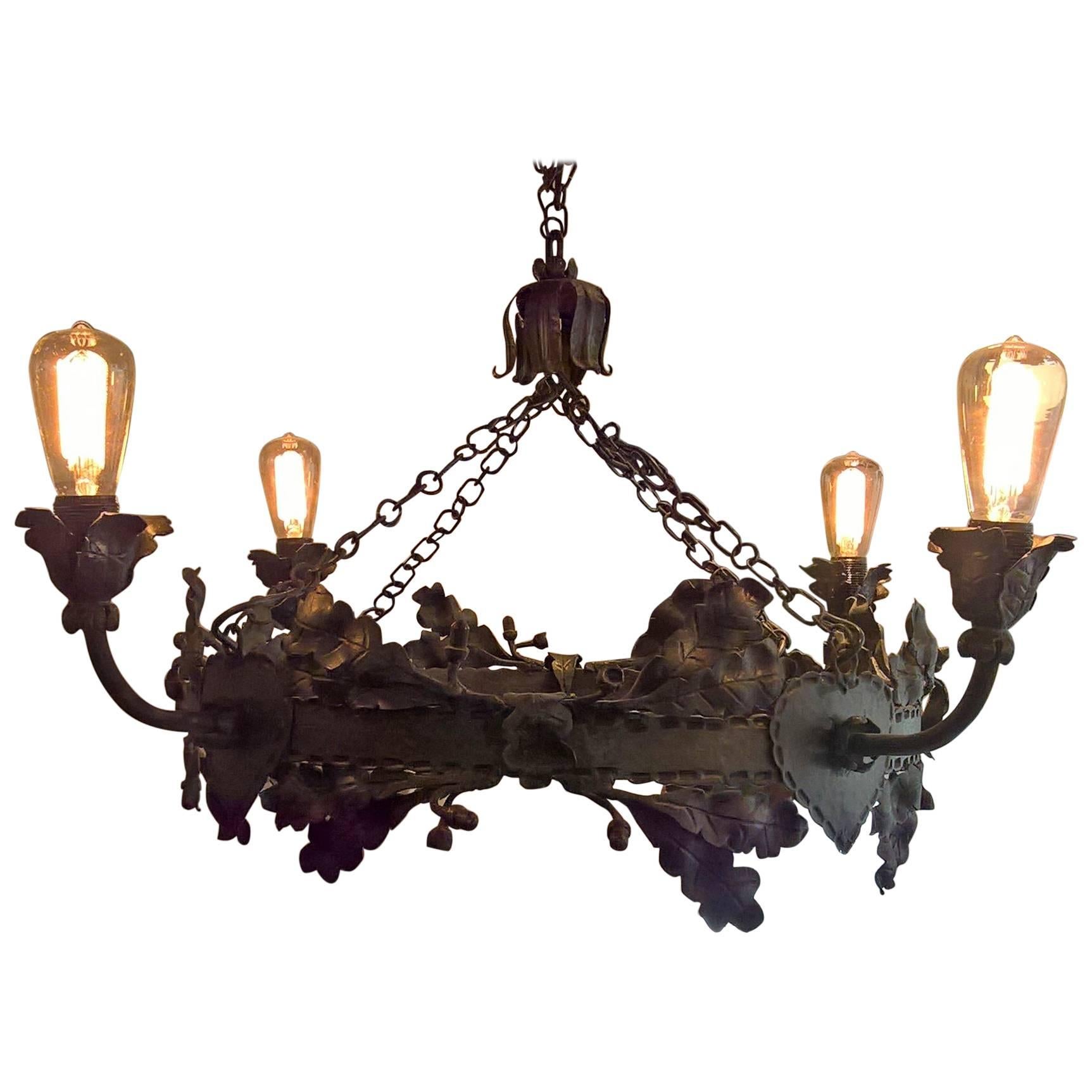 Mid-Century German Rustic Iron Pendant Hand-Crafted with Oaks and Oak Leaves For Sale