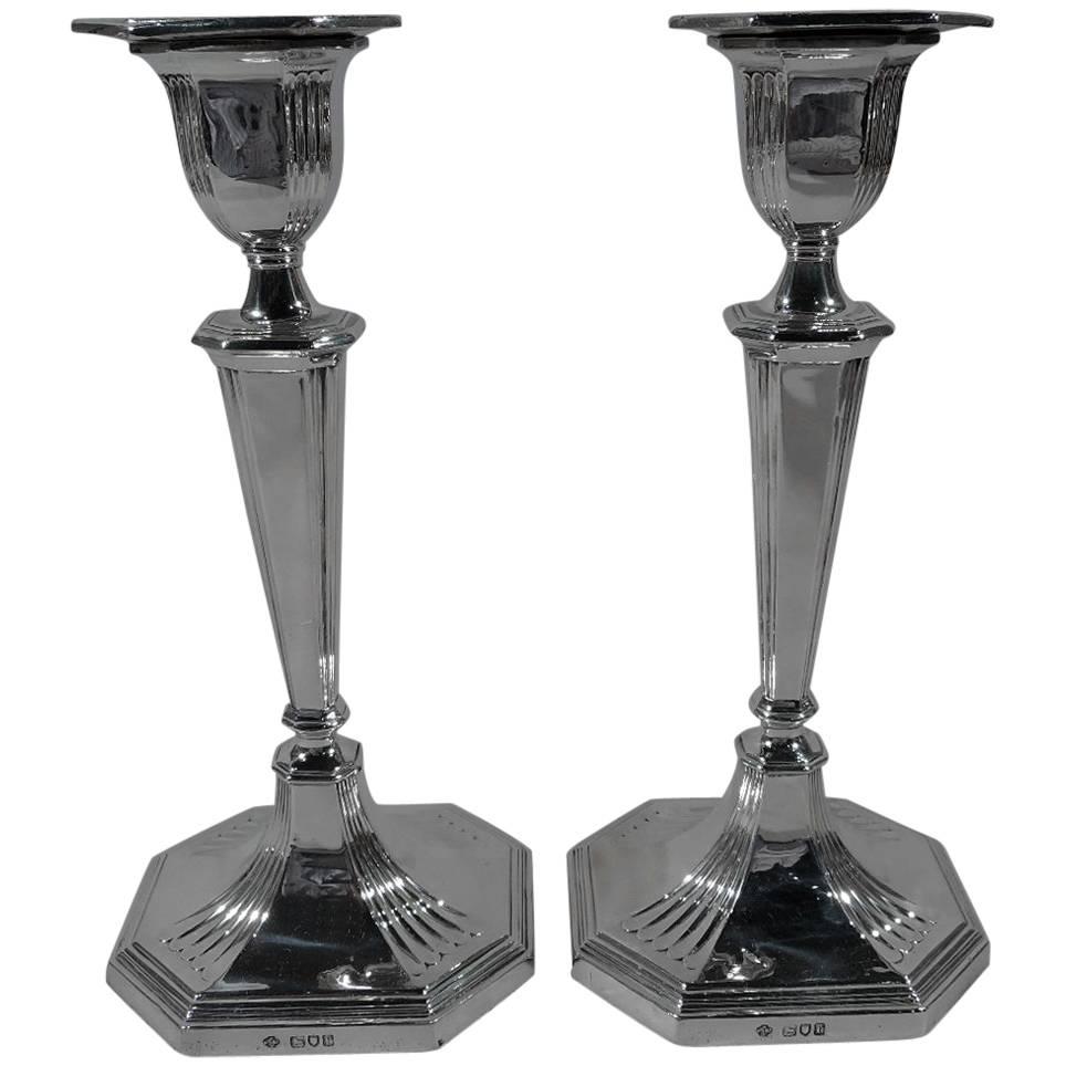 Handsome Pair of English Edwardian Sterling Silver Candlesticks