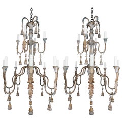 Pair of Italian Wood Beaded Painted Chandeliers