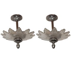Pair of Modern Transitional Nickel Deco Style Starburst 3-Light Chandelier