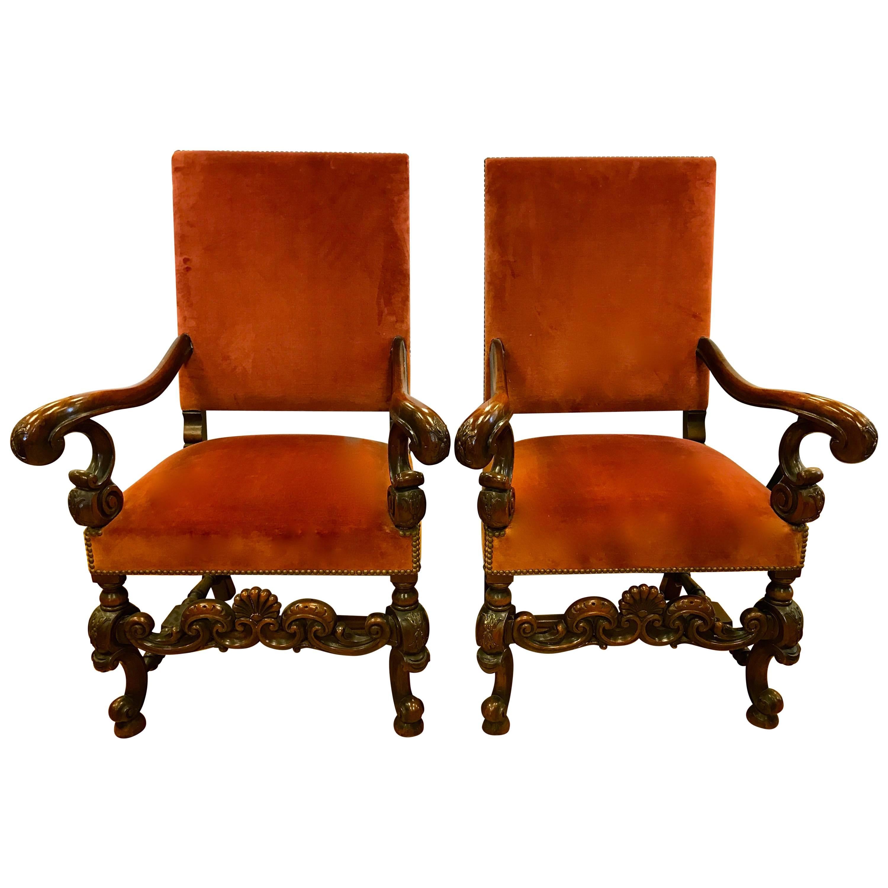 Pair of Antique Italian Carved Walnut Armchairs