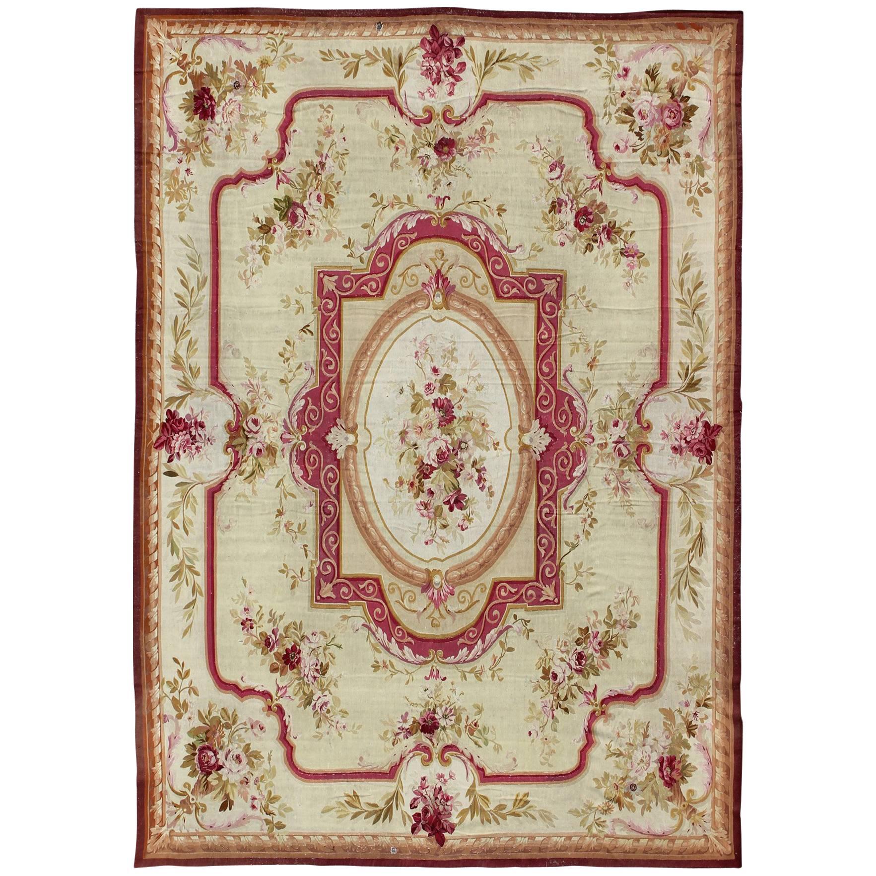 Antique French Aubusson with Romantic Rose Bouquets in Shades of Red and Pink For Sale