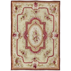 Antique French Aubusson with Romantic Rose Bouquets in Shades of Red and Pink