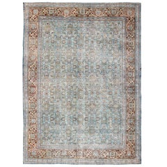 Antique Persian Sultanabad Rug with All-Over Design in Light Blue & Burnt Orange