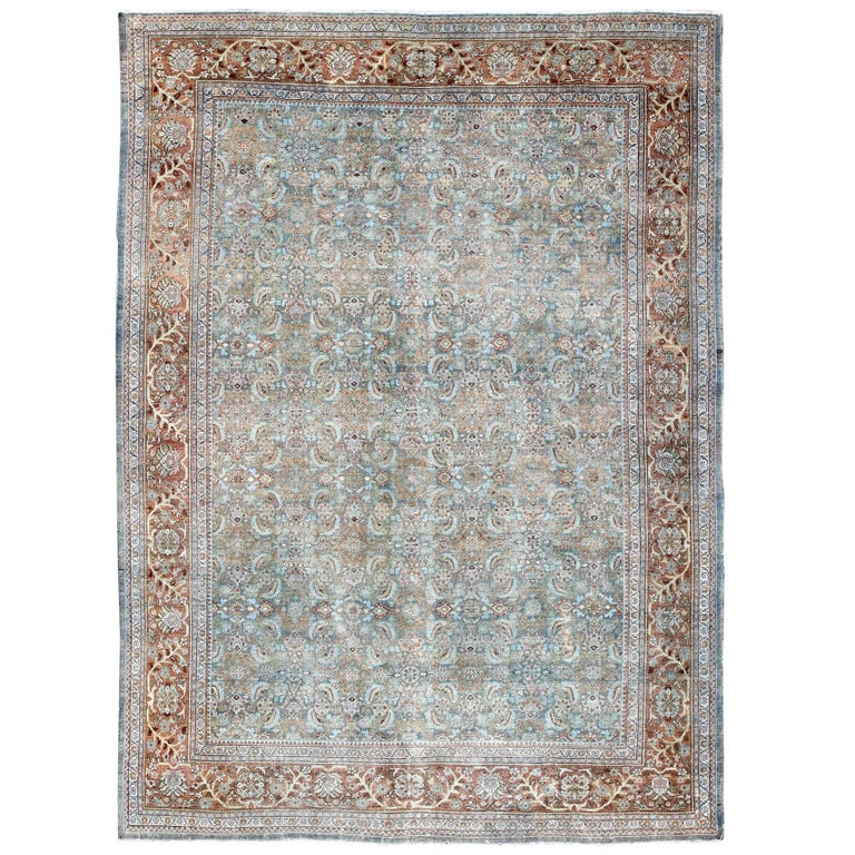 Antique Persian Sultanabad Rug with AllOver Design in Light Blue and Burnt Orange For Sale at