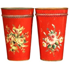 Pair of Early 20th Century French Painted Tole Baskets with Floral Decor