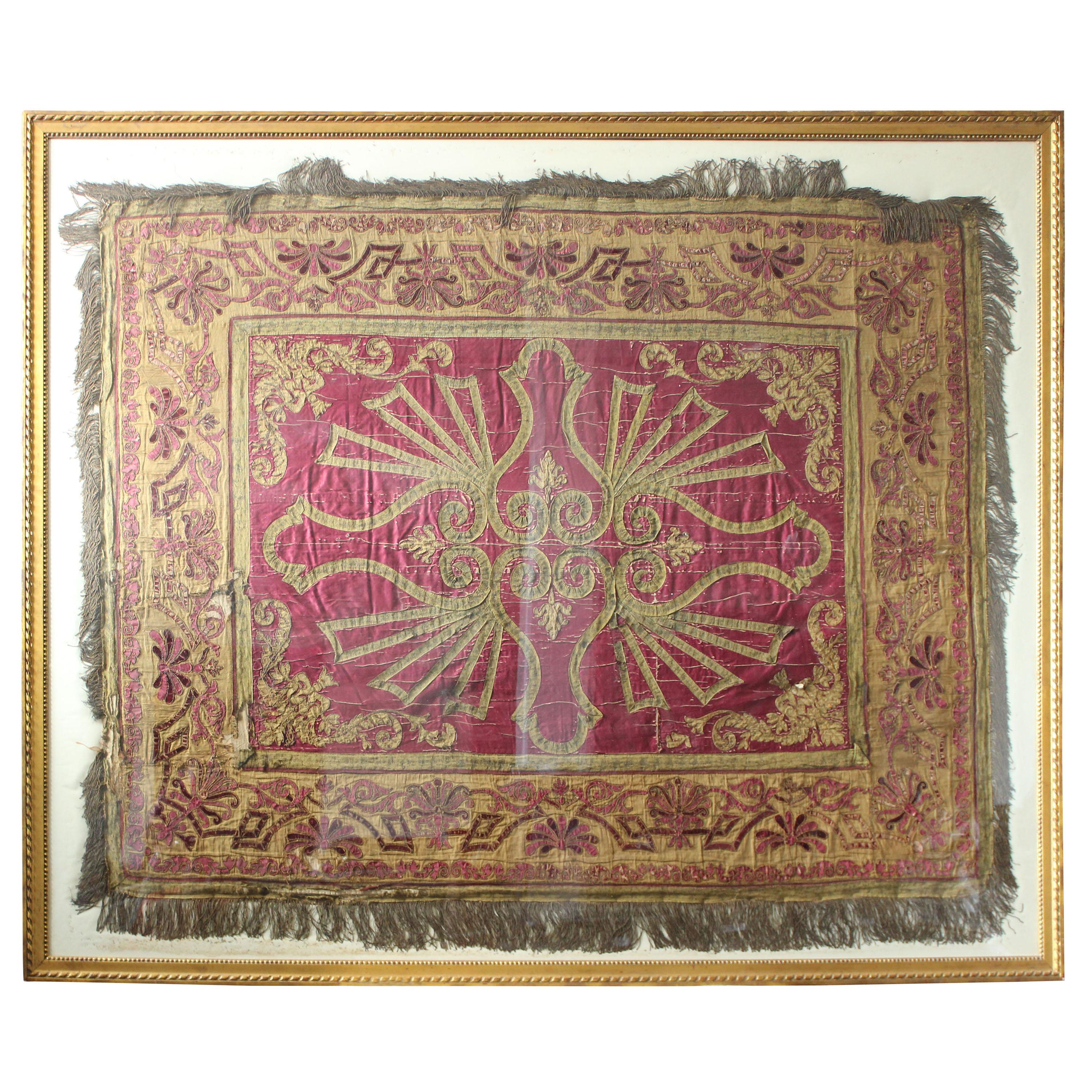 Framed Antique circa 1550 European Silk Tapestry/Bed Spread with Ornate Design 