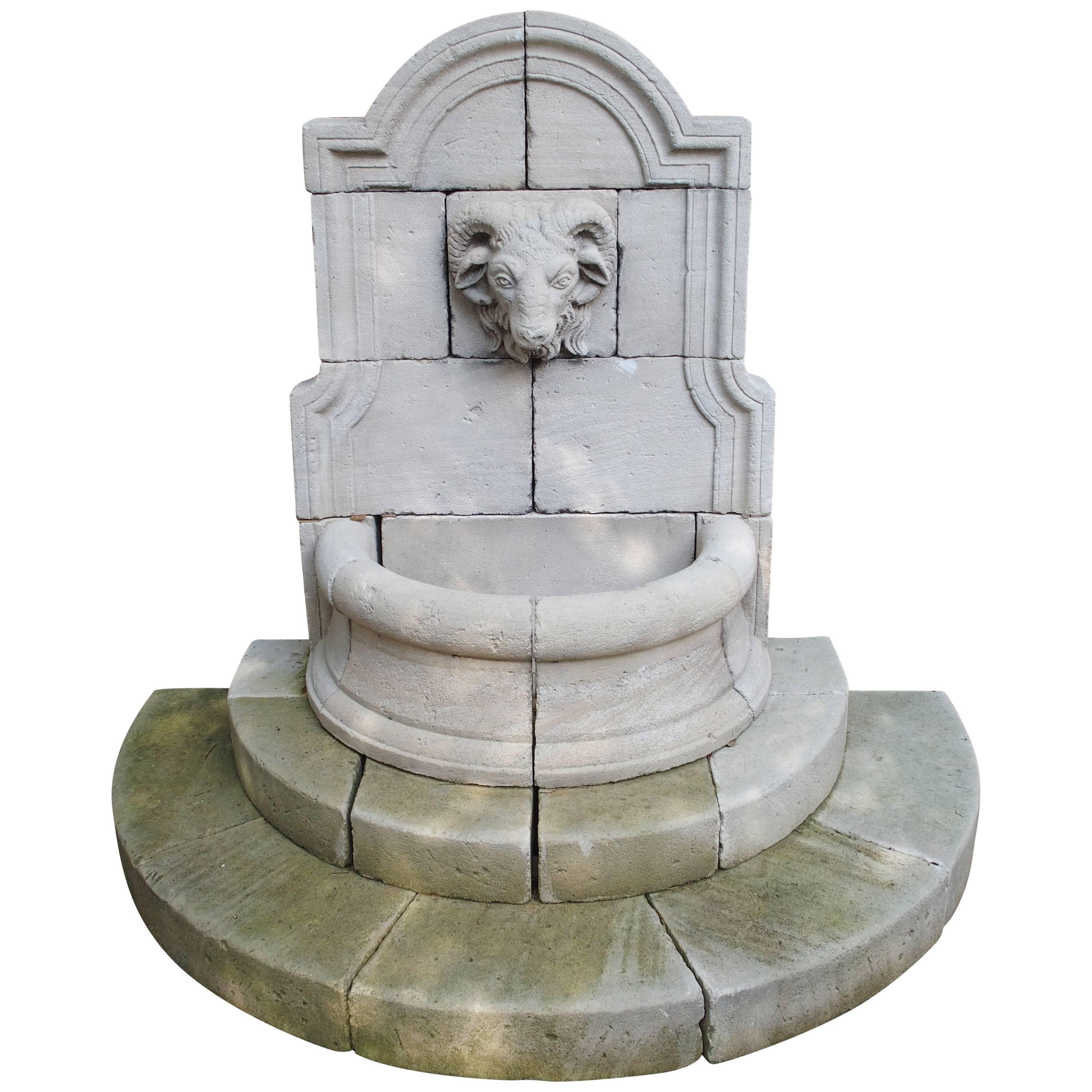 Carved Limestone Ram's Head Wall Fountain from France