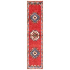 Red Background Vintage Moroccan Runner with Three Medallions and Colorful Border