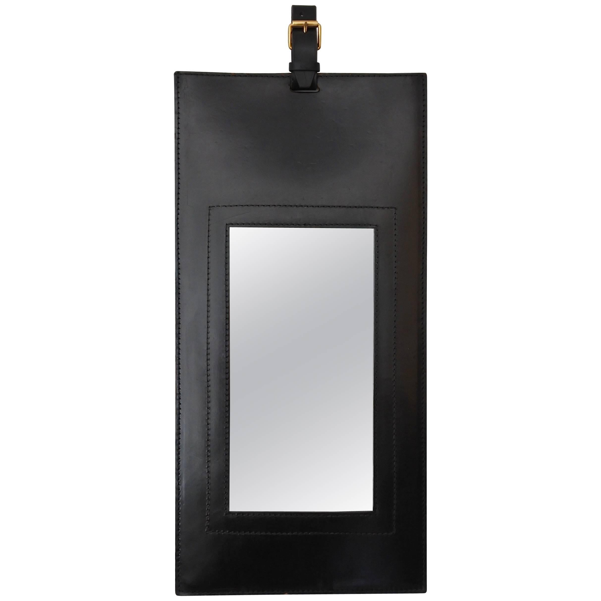 Hand Stitched Leather Wall Mirror in the Manner of Jacques Adnet, France, 1950s