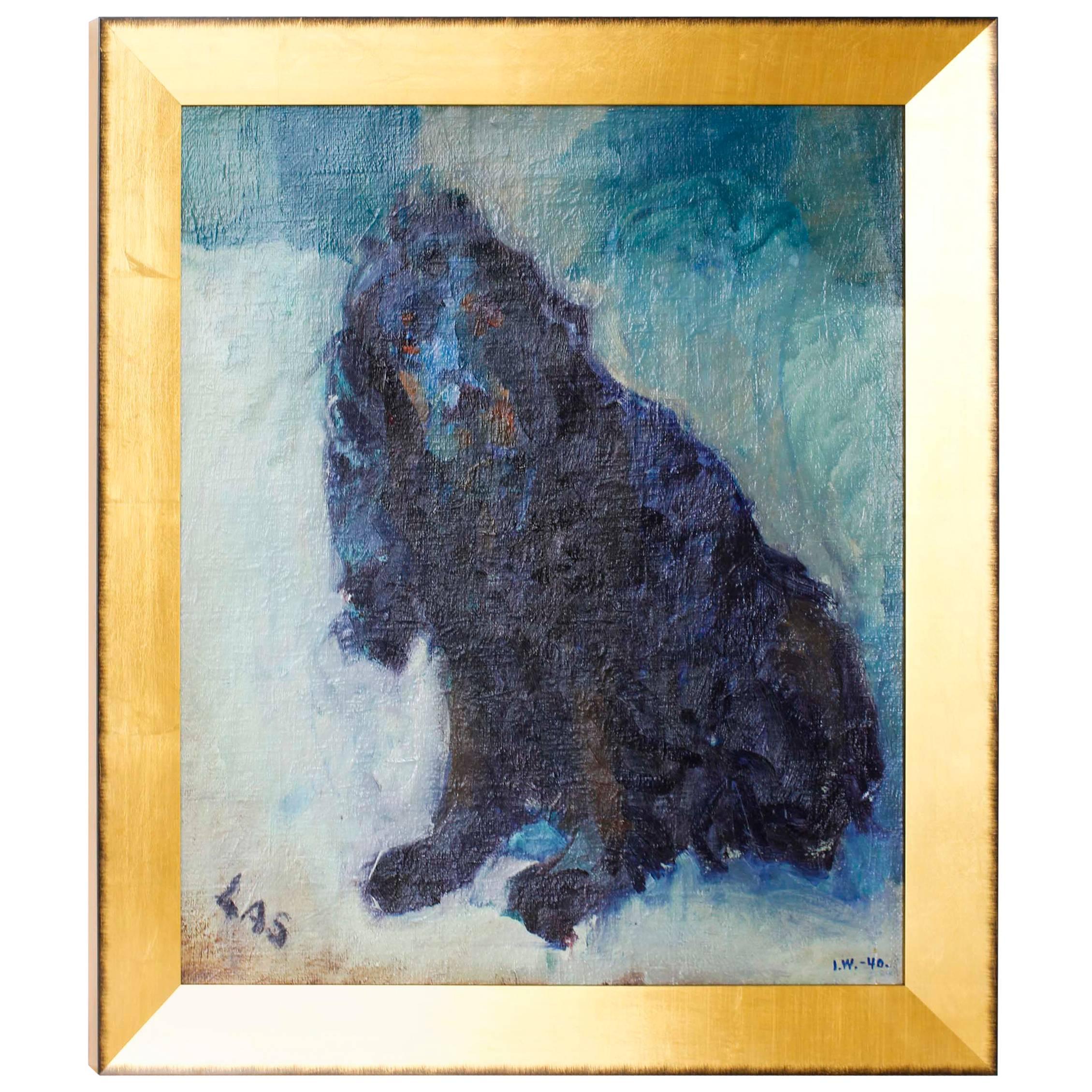 Oil on Burlap Portrait of Cocker Spaniel circa 1940s Signed and Dated For Sale