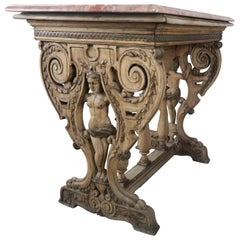 19th Century Carved Italian Walnut Figural Marble-Top Table