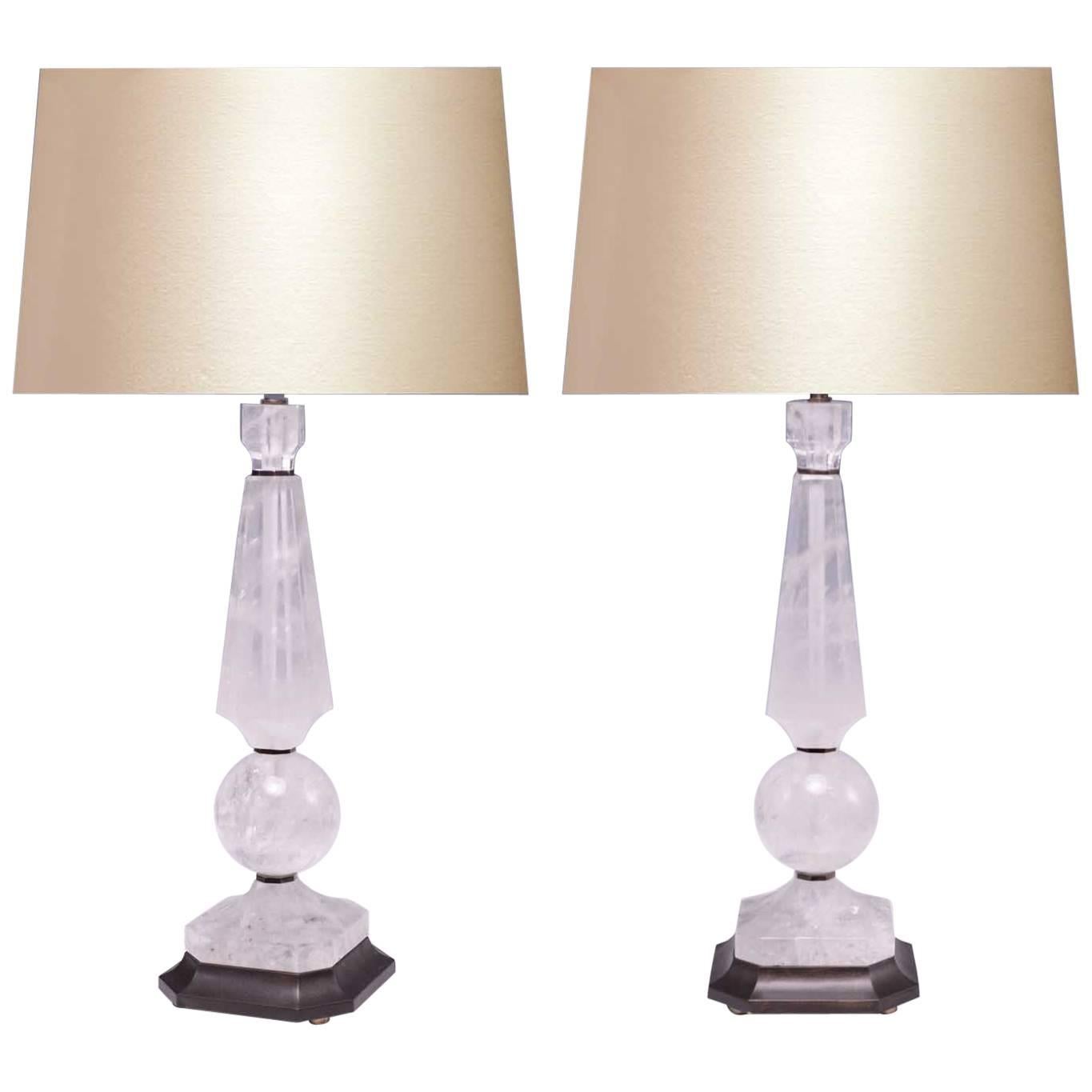 Pair of Elegant Form Rock Crystal Quartz Lamps
