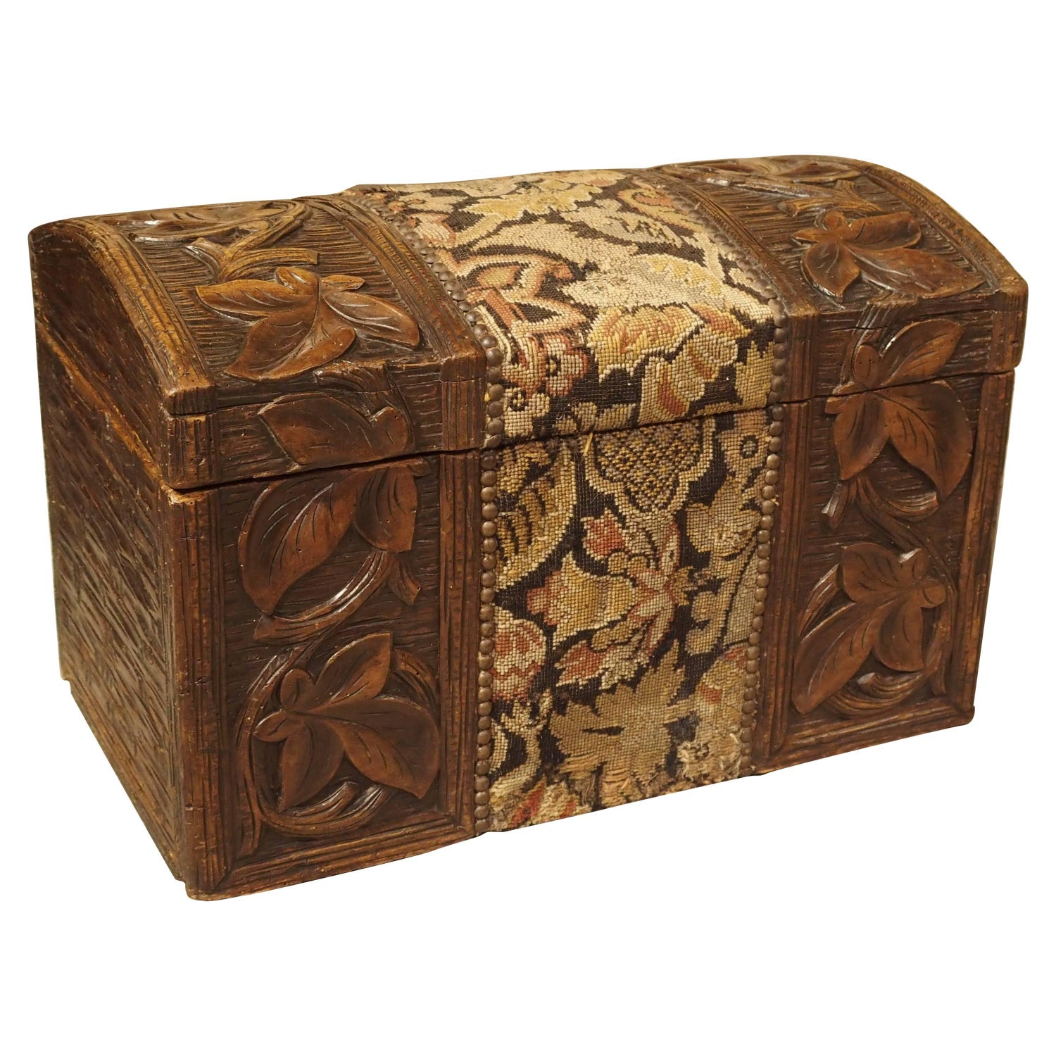 Antique French Carved Black Forest Trunk With Needlepoint, Circa 1900 Antique French Carved Black Forest Trunk With Needlepoint, Circa 1900