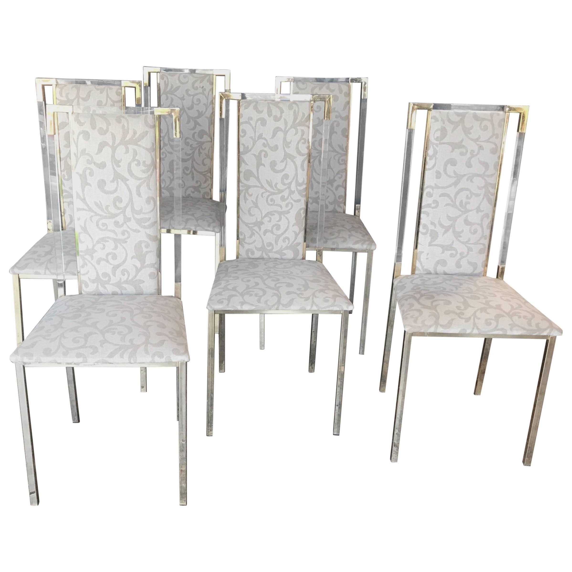 Italian 1960s Set of Six Chairs in Brass and Plexiglass