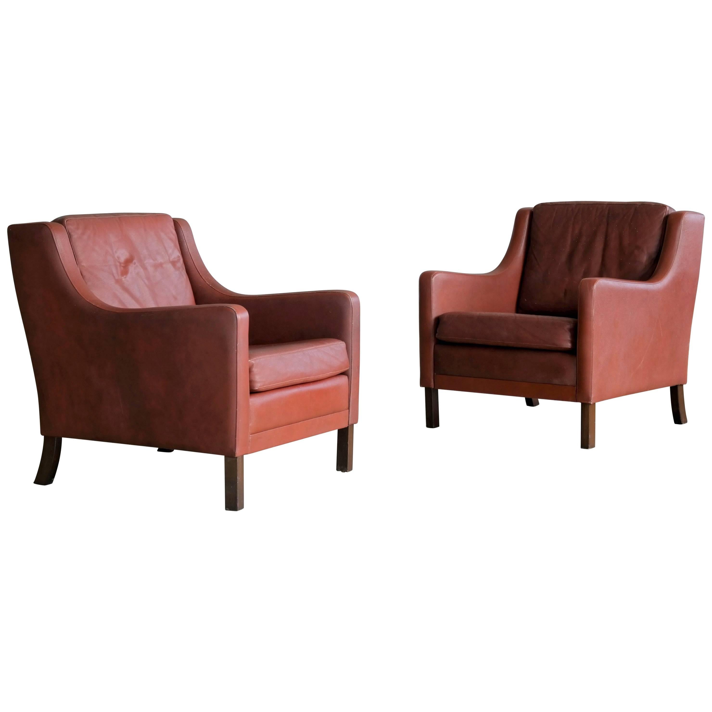 Pair of Danish Børge Mogensen Style Lounge Chairs in Red Brown Leather