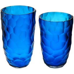 Two Vases, Deep Acquamarine, Murano, Battuto, Alberto Dona