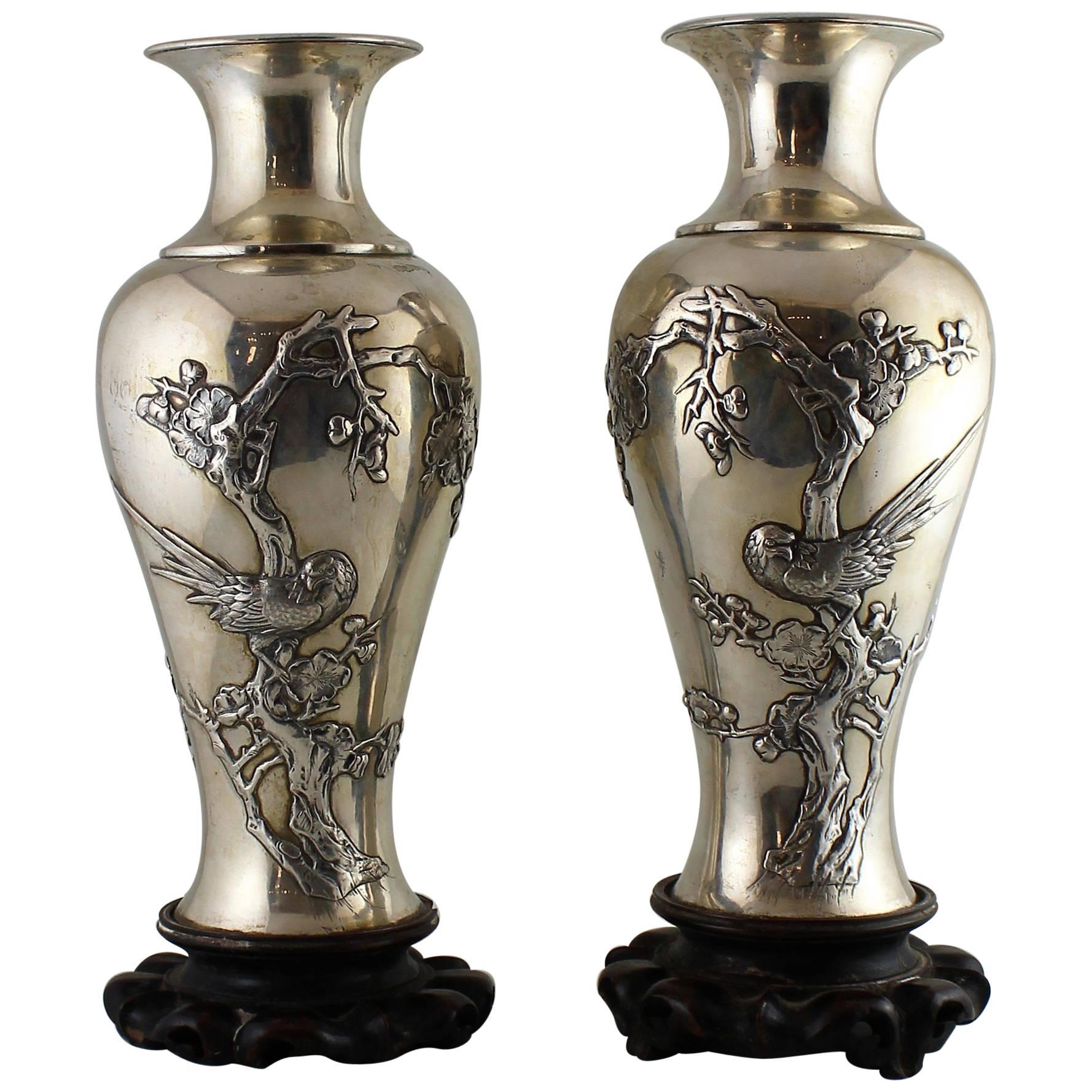 Pair of 19th Century Chinese Pao Kuang 'Canton' Silver Vases