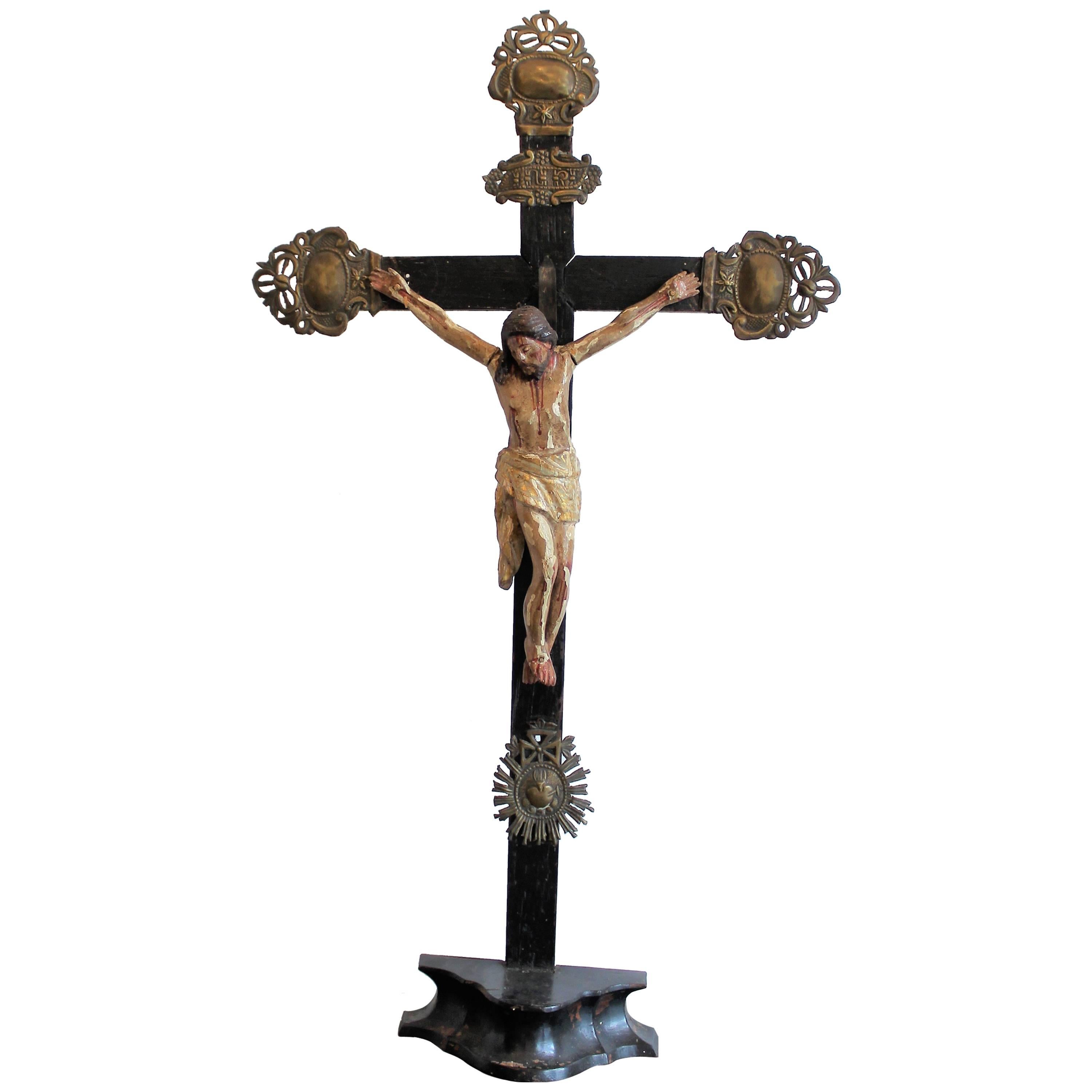 Early 19th Century Hand-Carved and Polychromed Wood Crucifix from Quebec