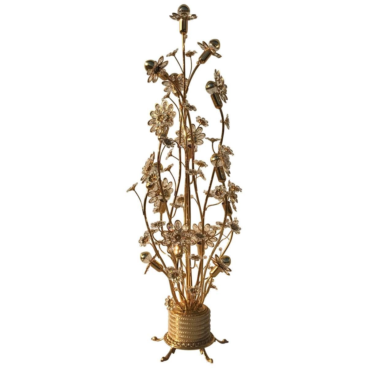 Enchanting Illuminated Crystal Flower and Brass Floor Lamp by Palwa