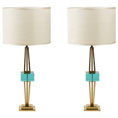 Pair of Table Lamps in Murano Glass and Brass Midcentury by Vistosi