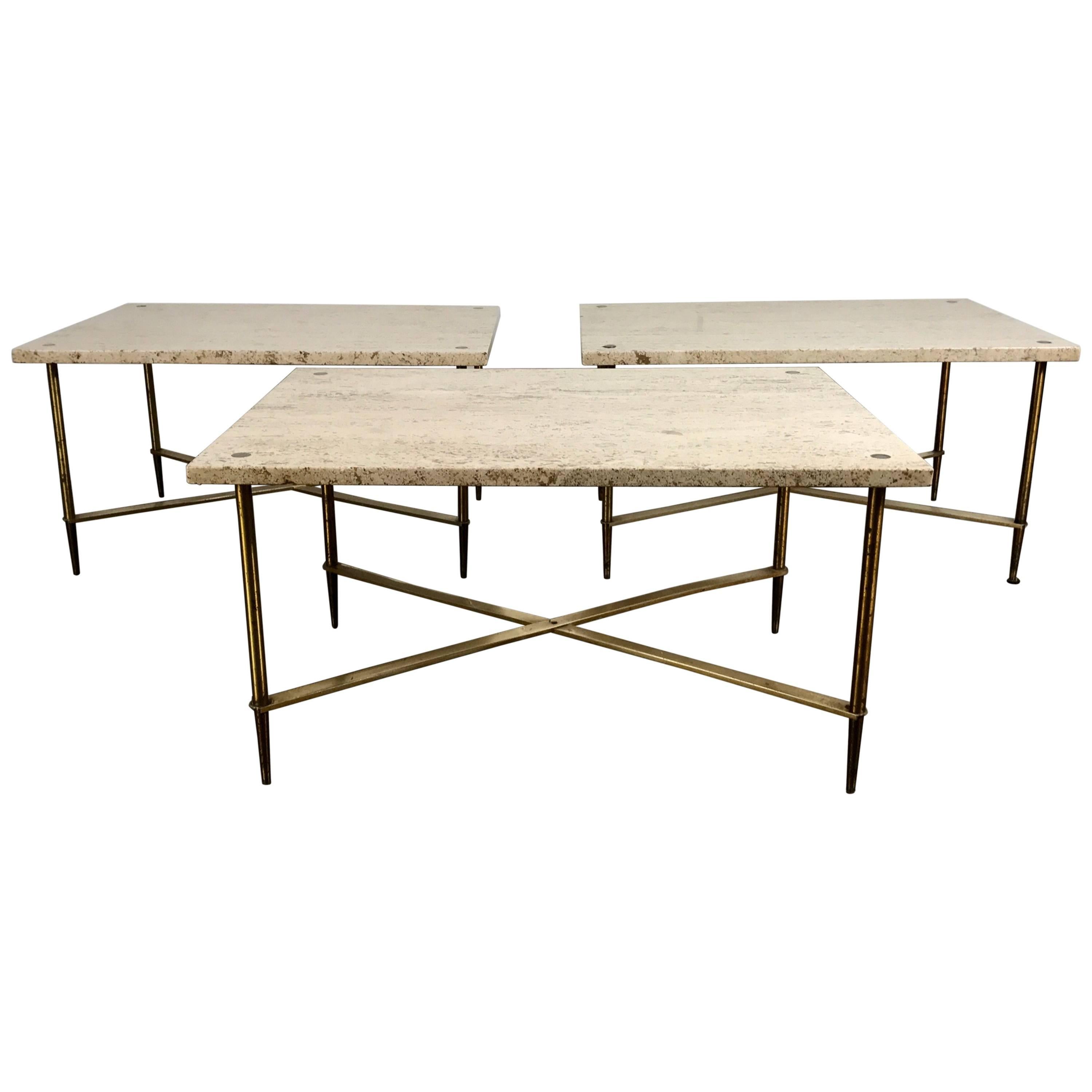 Stunning Travertine and Brass Tables made in Italy after Gio Ponti