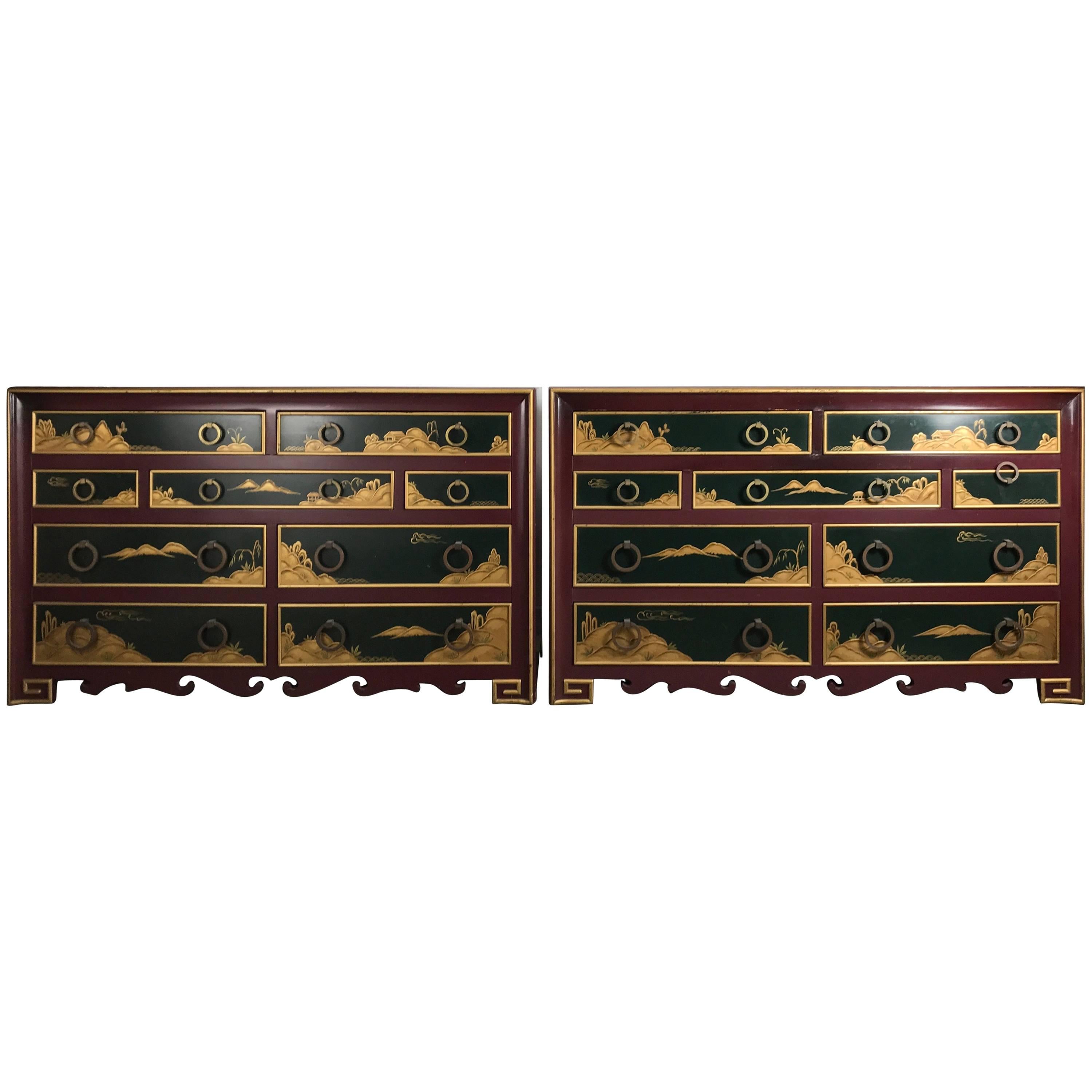 Stunning Pair of 1940s Nine-Drawer Lacquered Chests, Japanese Motif, Widdicomb