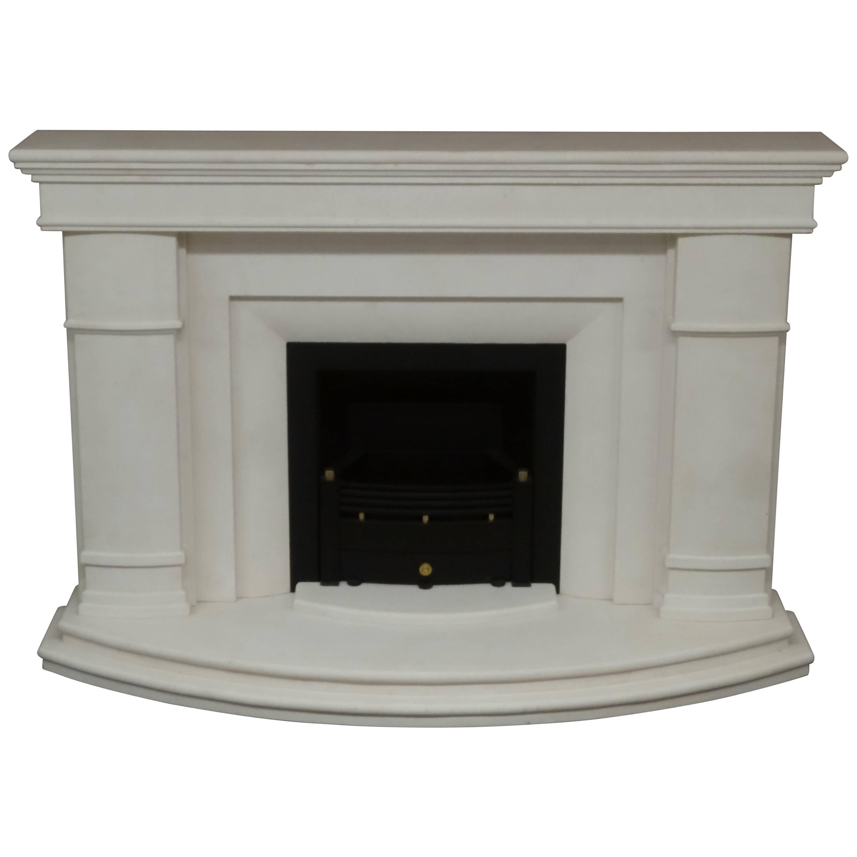 21st Century Irish Contemporary Limestone Fireplace Black Trim and Fire Basket For Sale