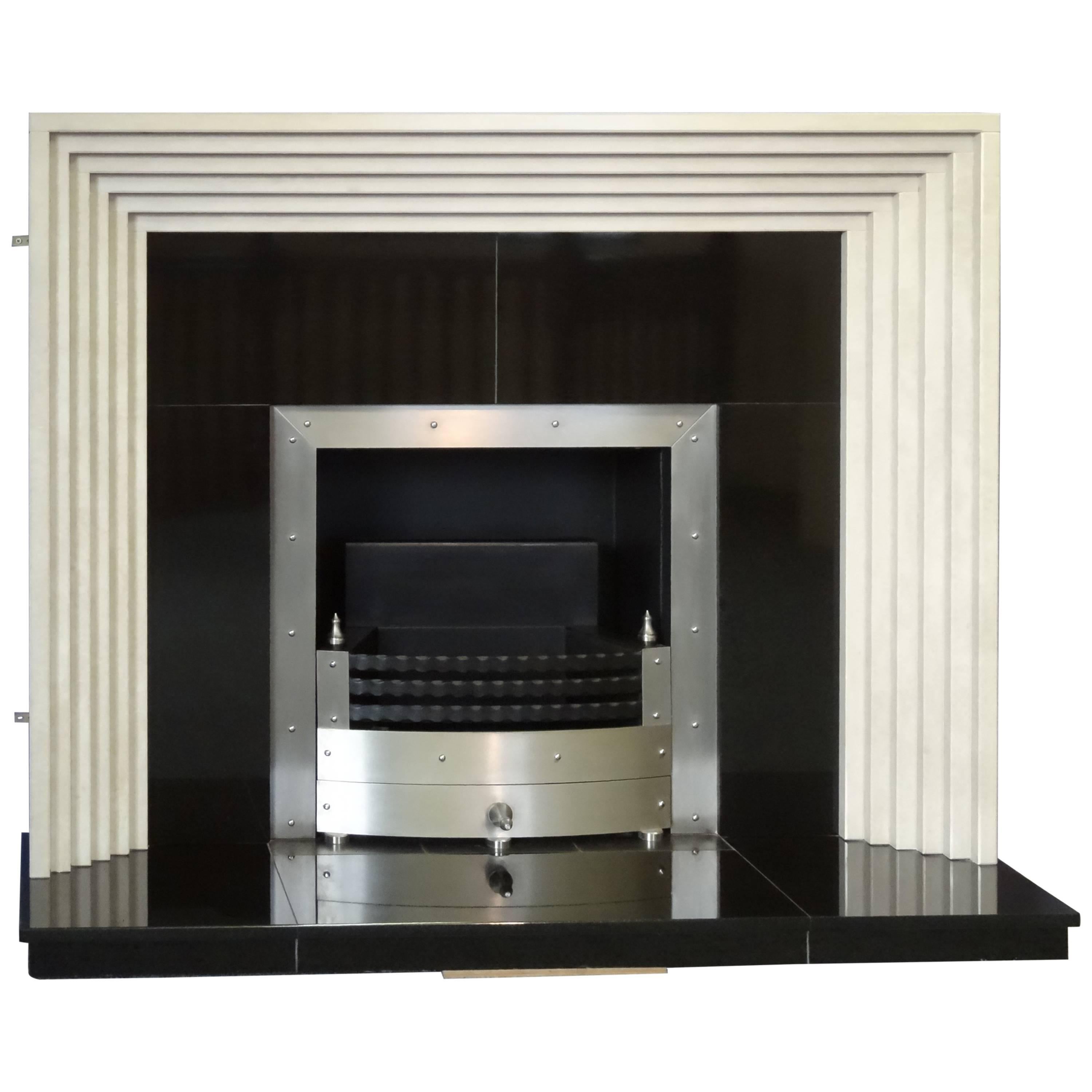 Irish Art Deco Style Marble and Granite Fireplace with Steel Trim & Fire Basket For Sale