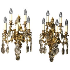 Italian Pair of Gilded Bronze and Crystal Five-Arm Antique Wall Lights