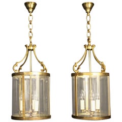 French Pair of Gilded Triple Light Convex Antique Lanterns