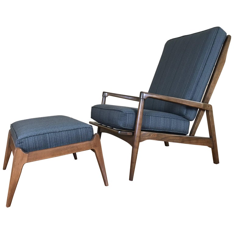 MidCentury Modern High Back Walnut Lounge Chair and Ottoman by
