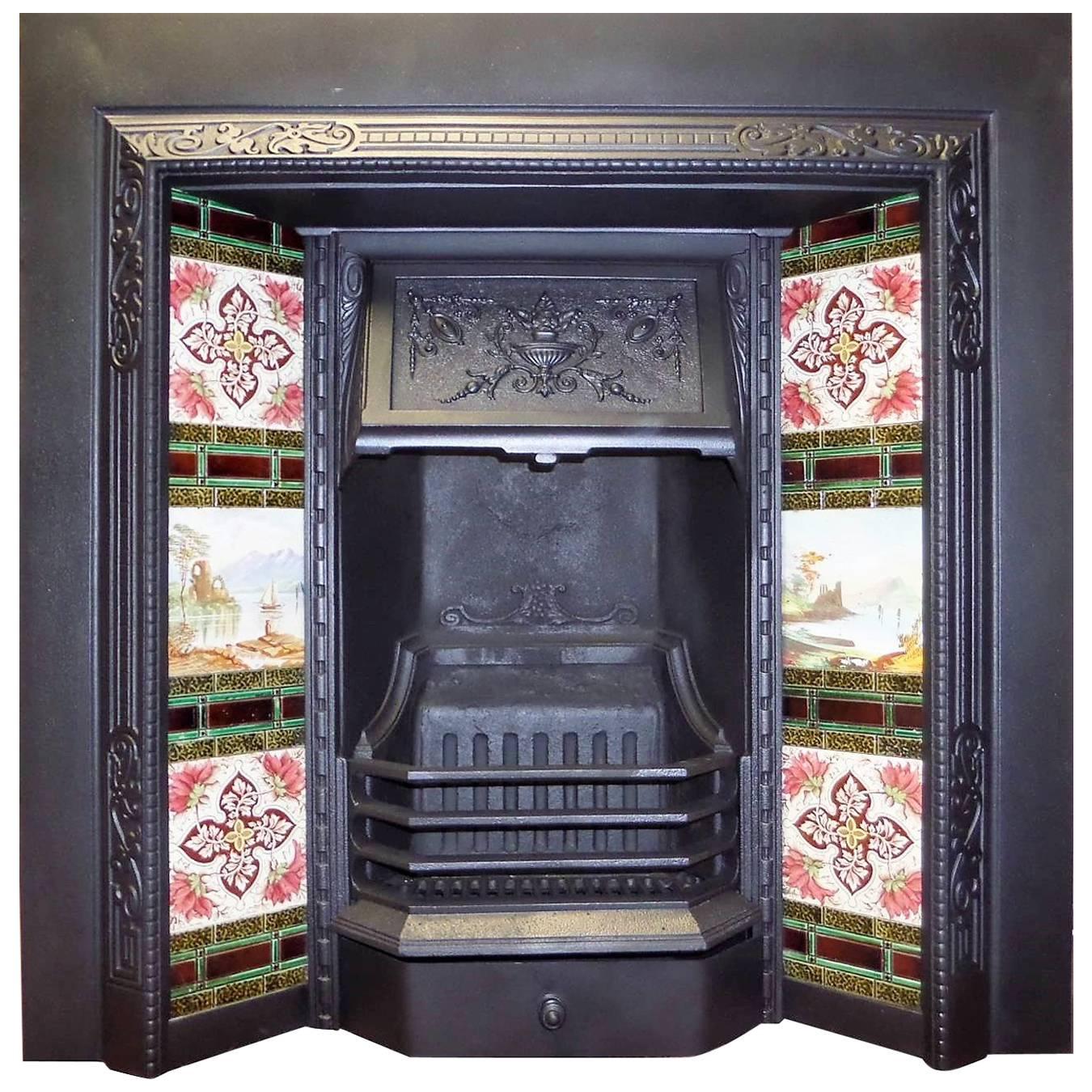 19th Century Victorian Cast Iron Fireplace Insert and Original Tile Set For Sale