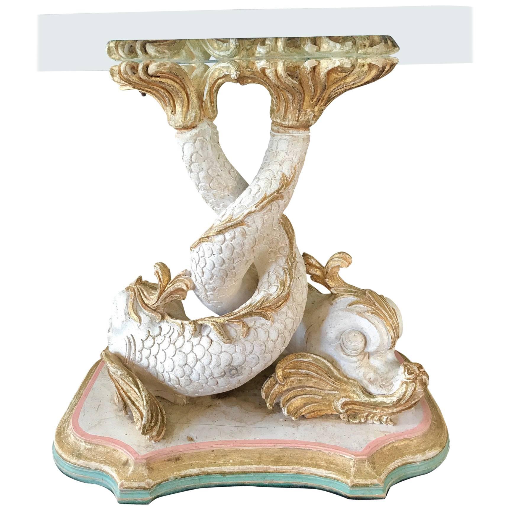 Romeo Paris By Claude Dalle French Coffee Table Gold wooden Dolphins, 1980 For Sale