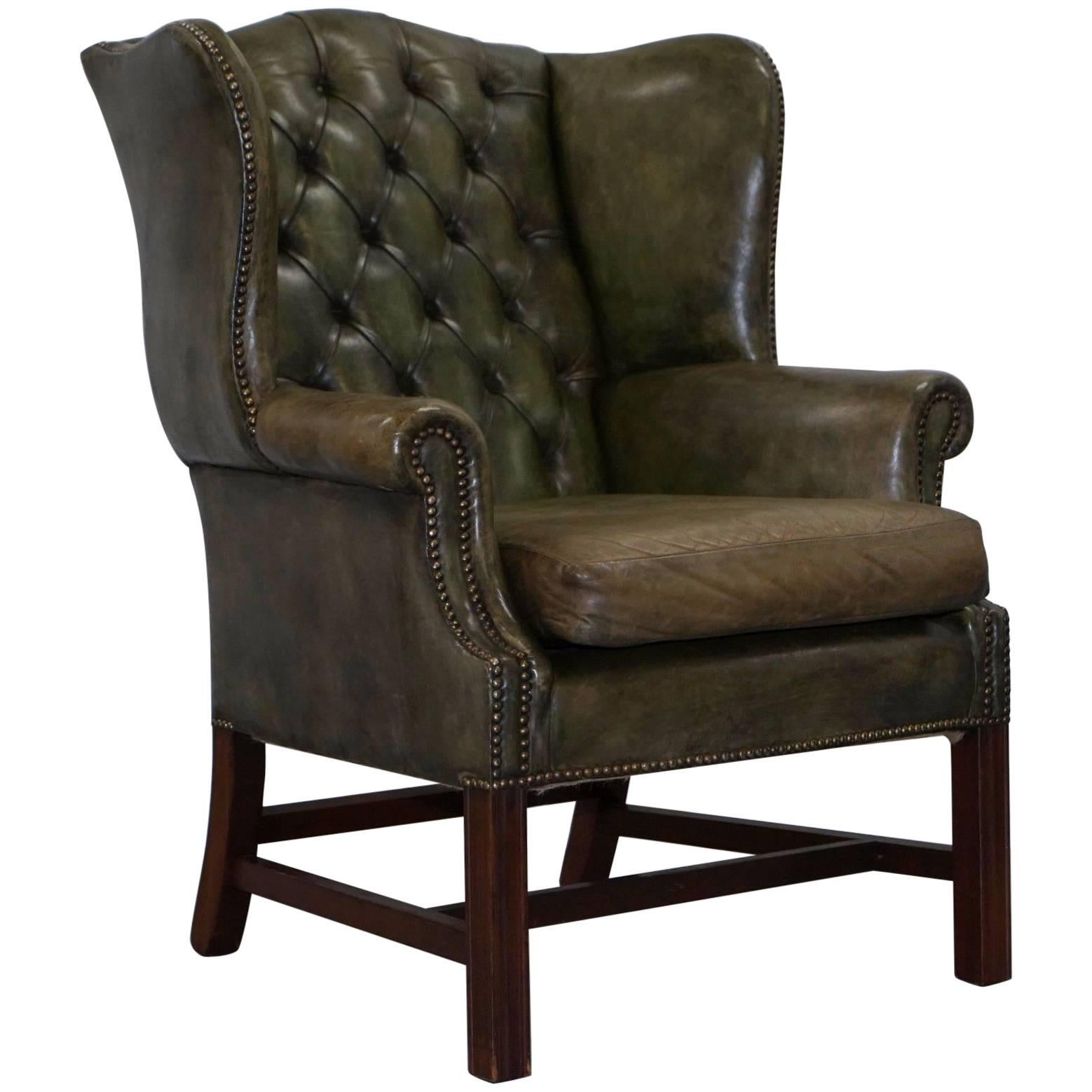 Original Hand Dyed 1960s Green Leather Chesterfield Georgian Wingback Armchair