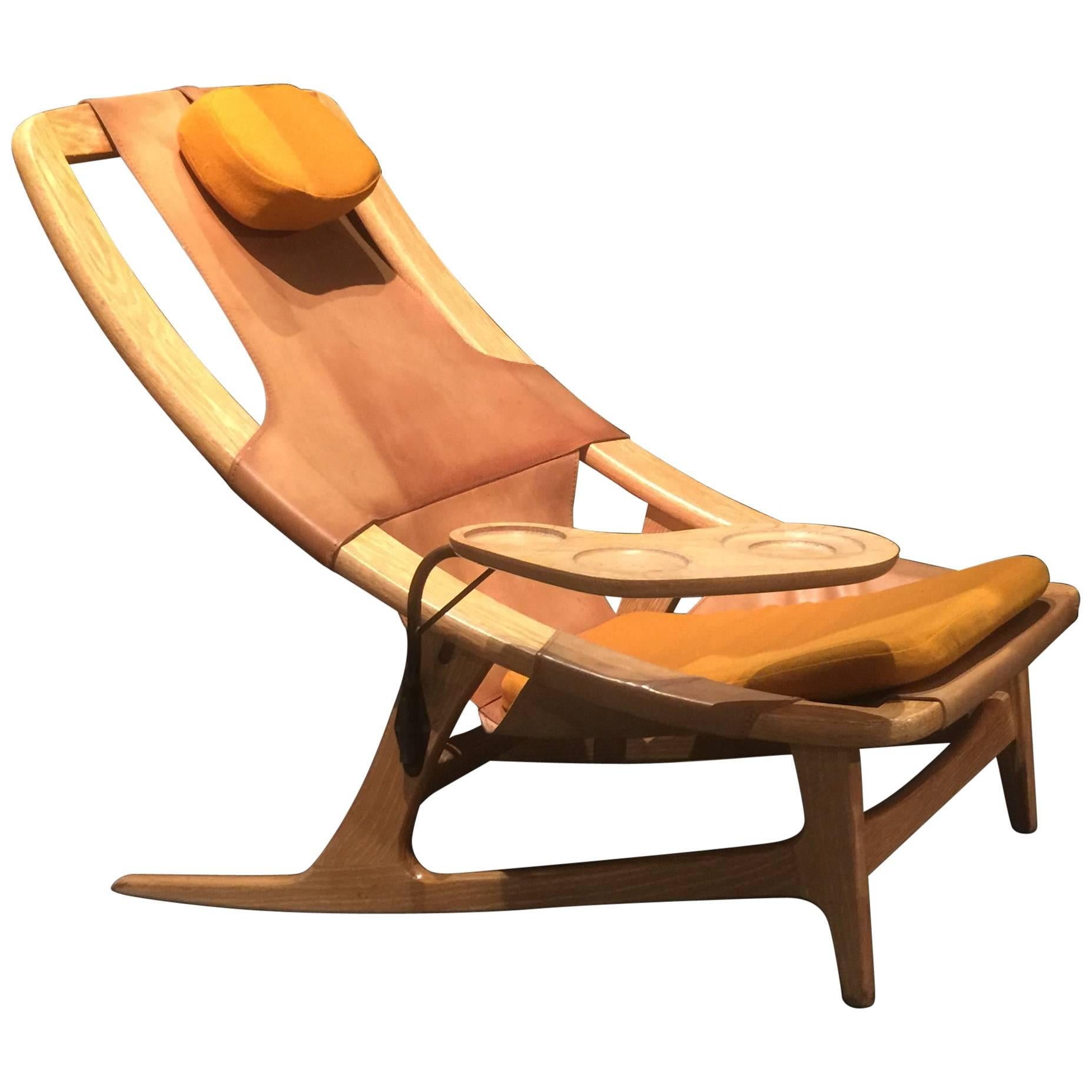 Rare Arne Tidemand Ruud Holmenkollen Chair with Tablet Midcentury Leather Oak For Sale
