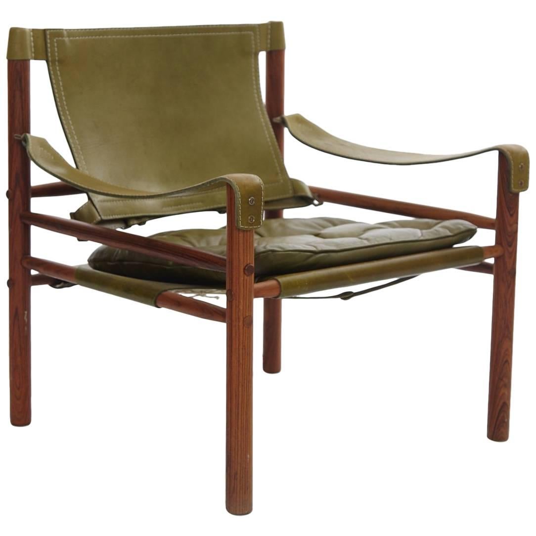Arne Norell Safari Chair, Green Leather and Rosewood, Sweden, 1970s