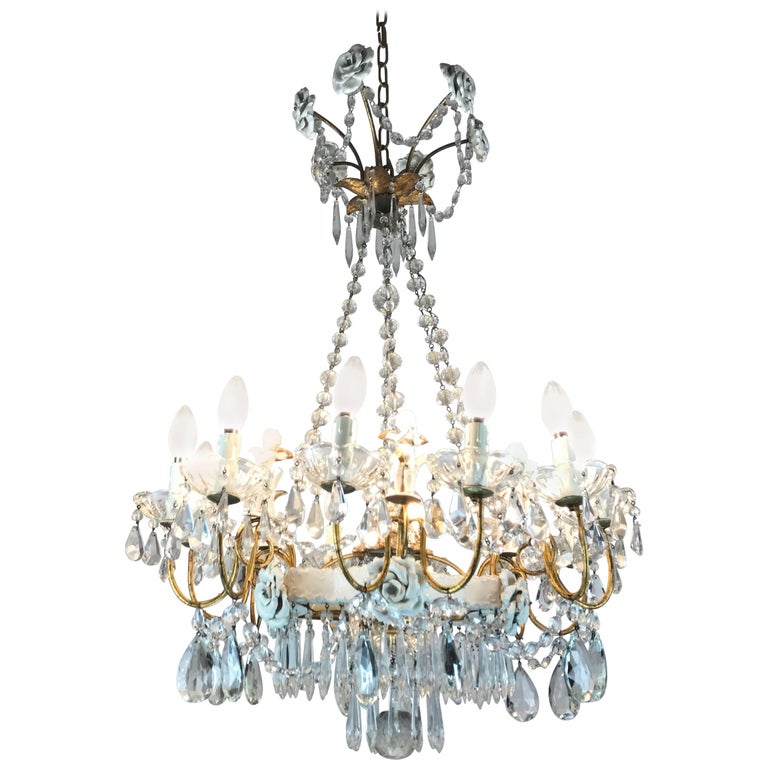 French Huge Porcelain Cherub Swinging Roses Chandelier Circa 1940 20th Century Crystal Chandelier With Capodimonte Porcelain Cherubs And Roses