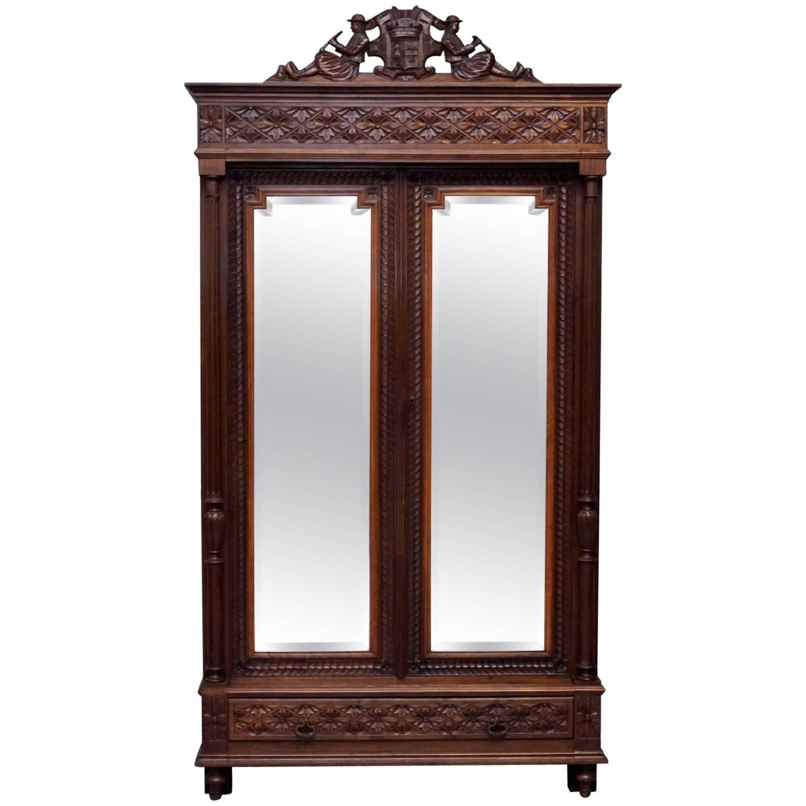 Stunning Hand-Carved Wood French Country Mirrored Double Door Armoire Wardrobe
