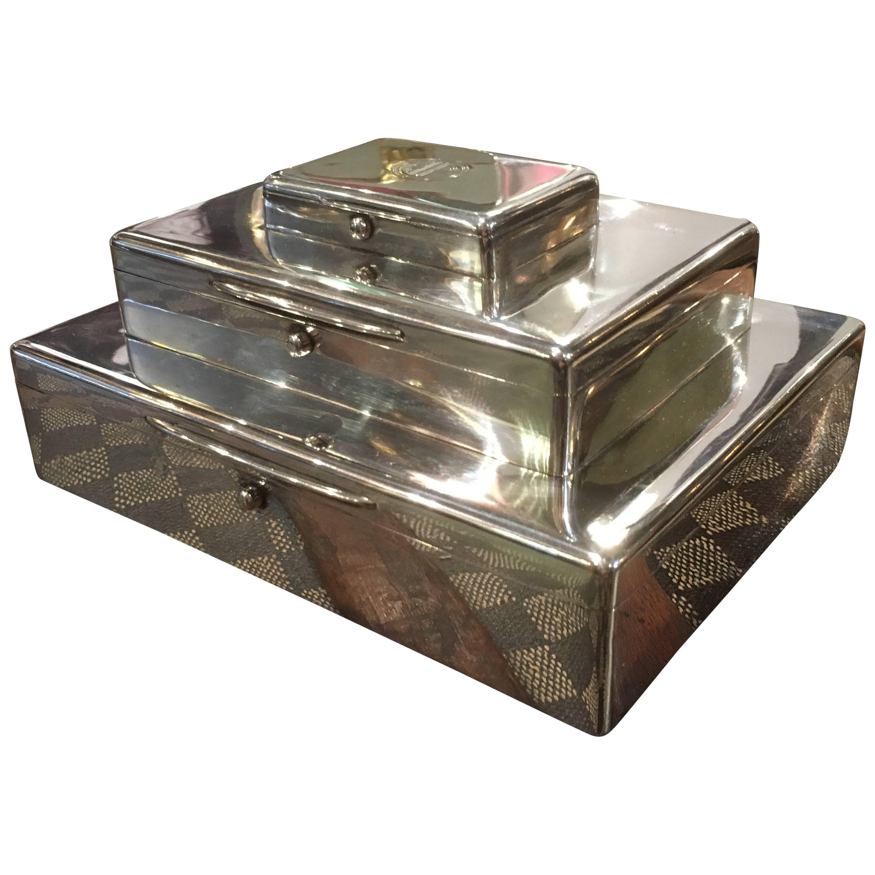 Art Deco Asprey Sterling Silver Triple Tier Cigar, Cigarette and Vesta Box