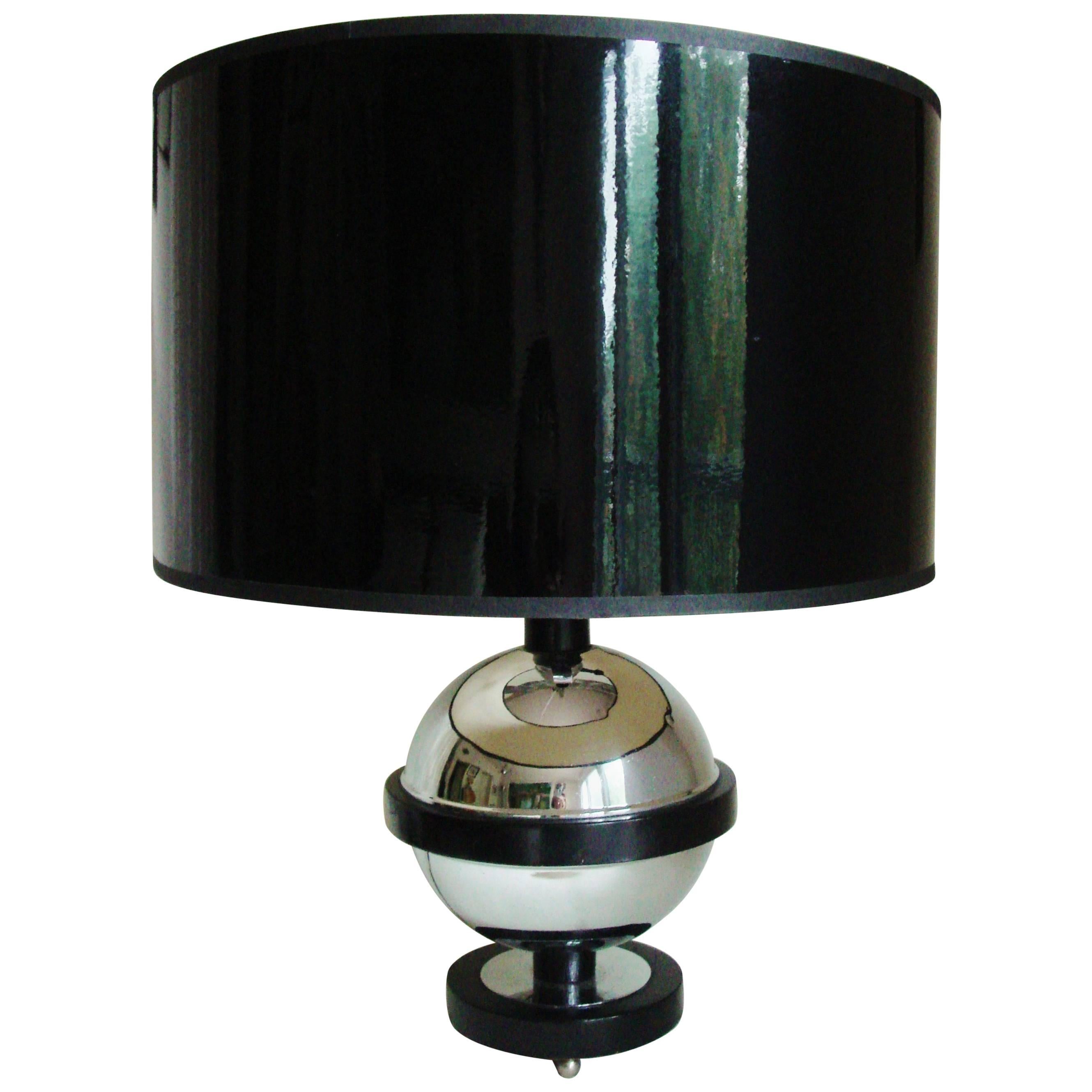 American Art Deco Chrome, Black Lacquered Wood and Bakelite Saturn Table Lamp