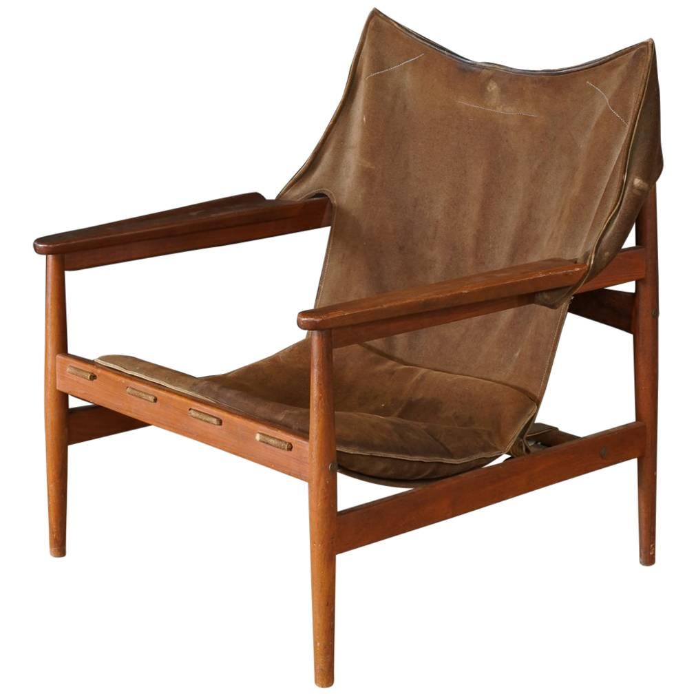 Rare Hans Olsen Safari Chair with Suede Leather, Sweden, circa 1960